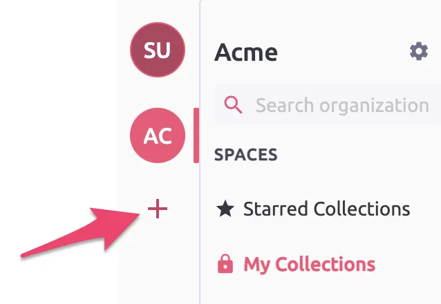 An arrow pointing to the ’+’ under the organization circles on the left-most sidebar