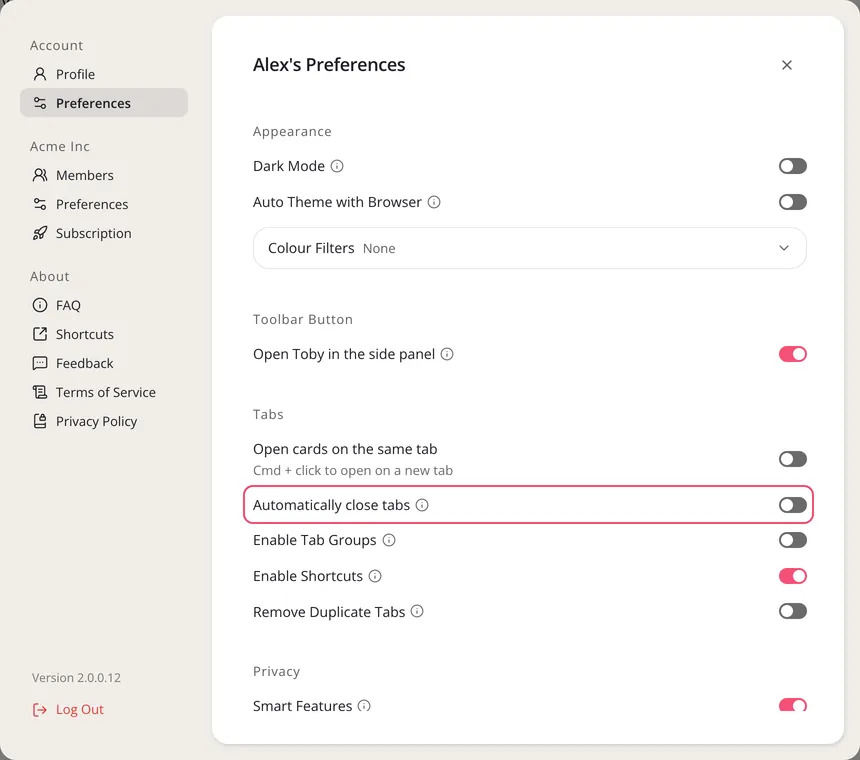 Settings, Preferences under Account, with Automatically close tabs outlined under Tabs