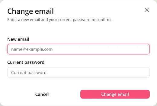 The Change email dialog, with New email, Current password and the Change email button