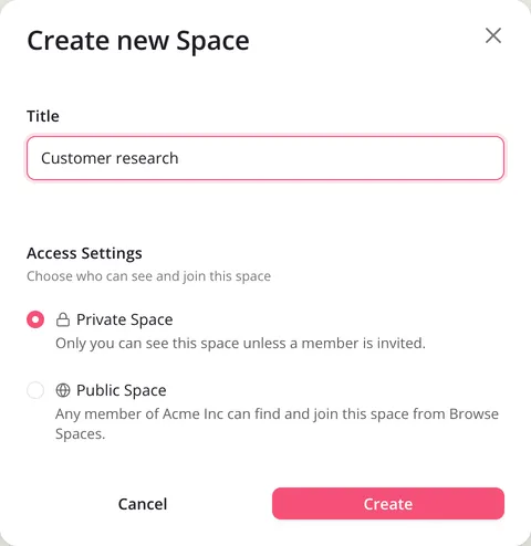 The Create new Space dialog, with a Title and the Access Settings choices Private Space and Public Space