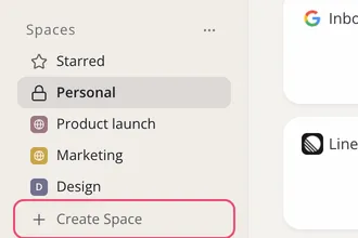 The Spaces list in the left sidebar, with Create Space outlined