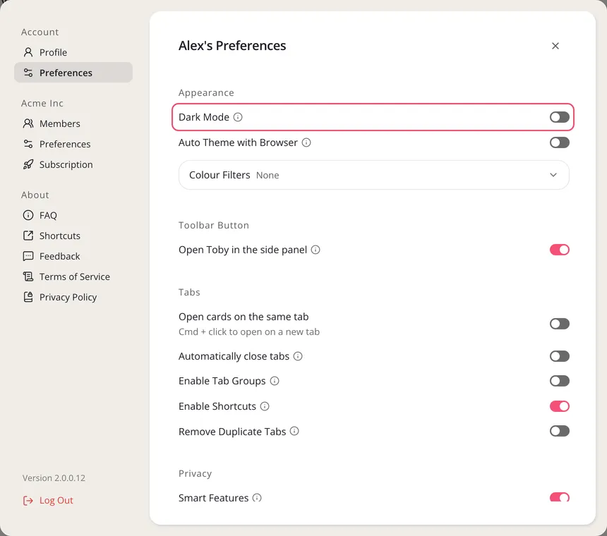 Settings, Preferences under Account, with Dark Mode outlined under Appearance, above Auto Theme with Browser