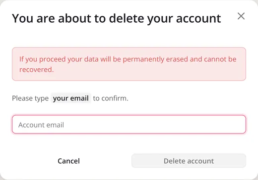 The You are about to delete your account dialog, asking you to type your email to confirm