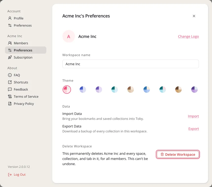 The workspace’s Preferences in Settings, with Delete Workspace outlined