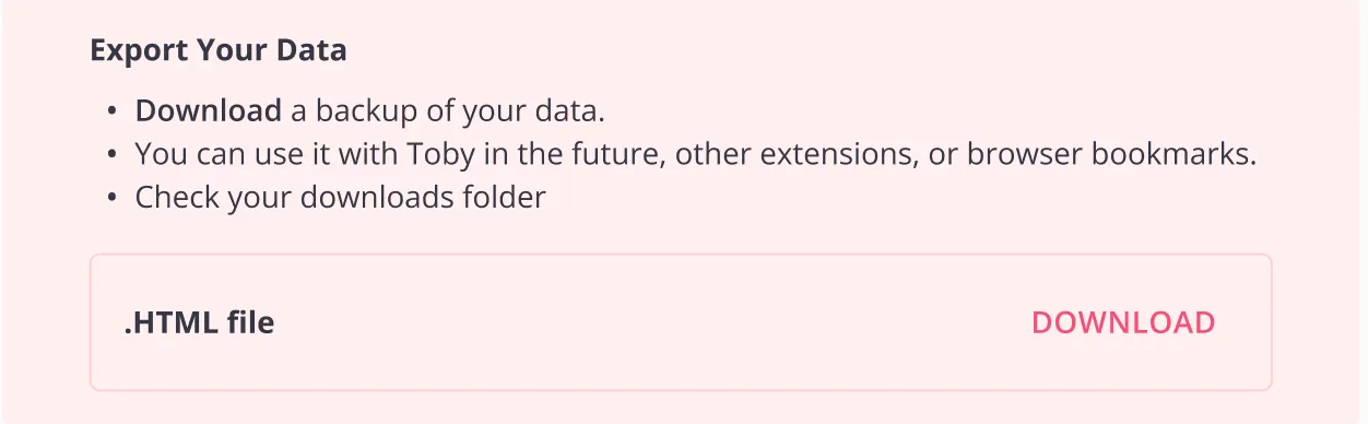 The Export Your Data option with a Download button for an .HTML file