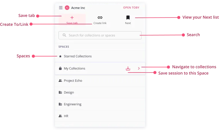 The extension menu, labelled: Save tab, Create To/Link, View your Next list, Search, Spaces, Navigate to collections, Save session to this Space