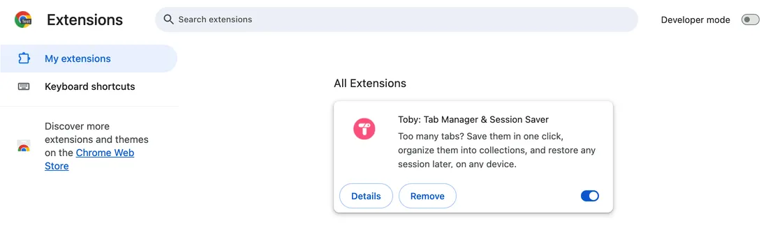 The Chrome Extensions page that Manage Extensions opens, with Toby listed