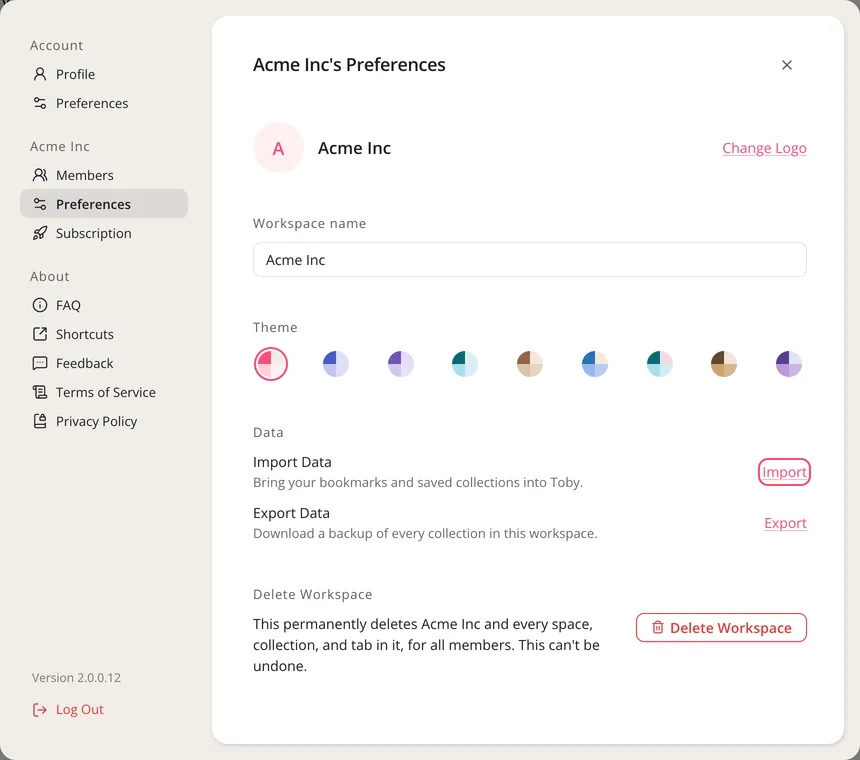 The workspace’s Preferences in Settings, with Import outlined next to Import Data