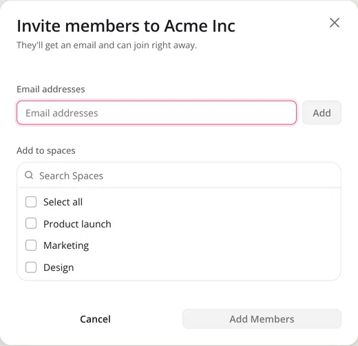 The Invite members dialog, with Email addresses and Add, the Add to spaces list, and Add Members