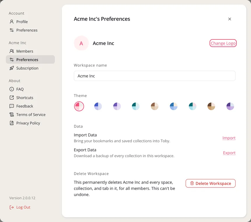 The workspace’s Preferences in Settings, with Change Logo outlined