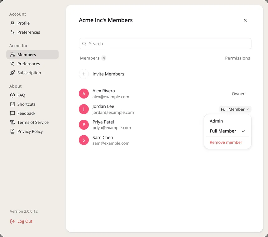 The workspace’s Members in Settings, with a member’s role menu open: Admin, Full Member and Remove member