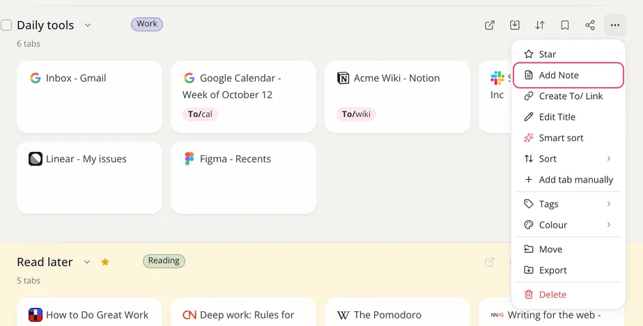 A collection’s menu with Add Note outlined