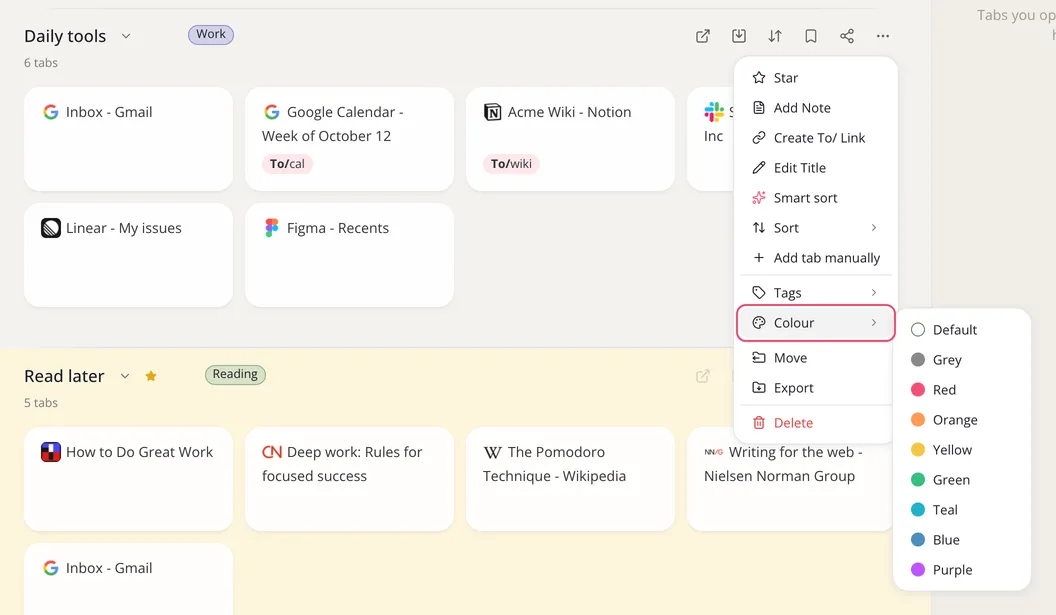 A collection’s menu with Colour outlined, and the colors from Default to Purple