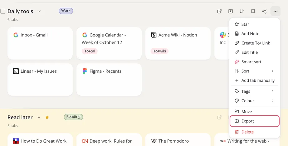 A collection’s menu with Export outlined