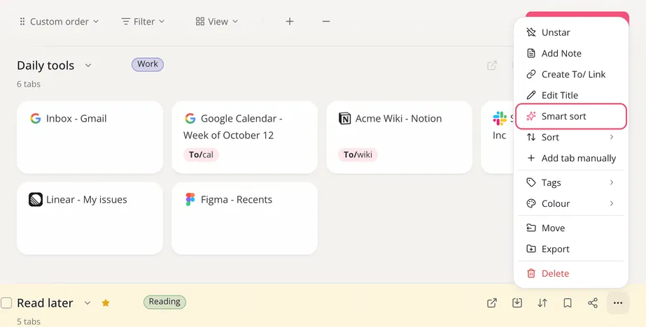 A collection’s menu with Smart sort outlined