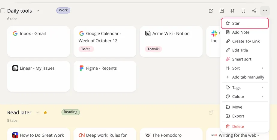 A collection’s menu with Star outlined