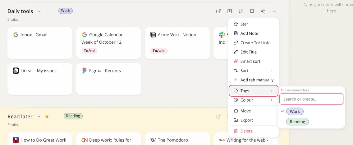 A collection’s menu with Tags outlined, and the tags list with Search or create and the Work tag ticked