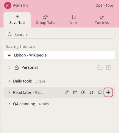 The Personal Space open in the extension menu, with the plus next to Read later outlined