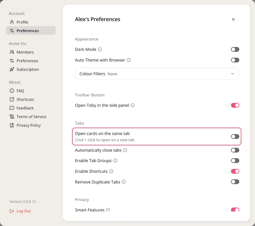 Settings, Preferences under Account, with Open cards on the same tab outlined under Tabs