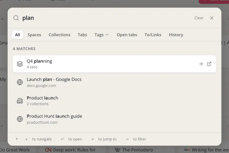 Search with results for plan, and the filters All, Spaces, Collections, Tabs, Tags, Open tabs, To/Links and History
