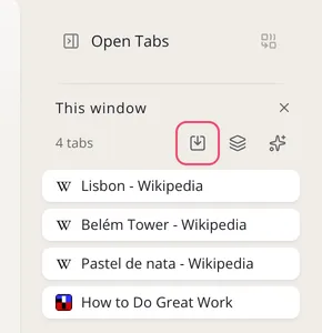 The Open Tabs panel, with Save session outlined on the This window row