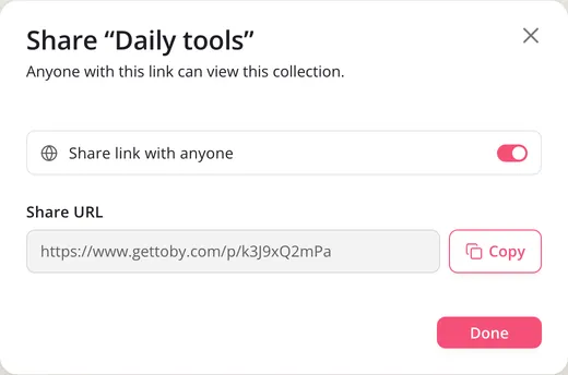 The Share dialog for Daily tools, with Share link with anyone turned on, the Share URL and Copy