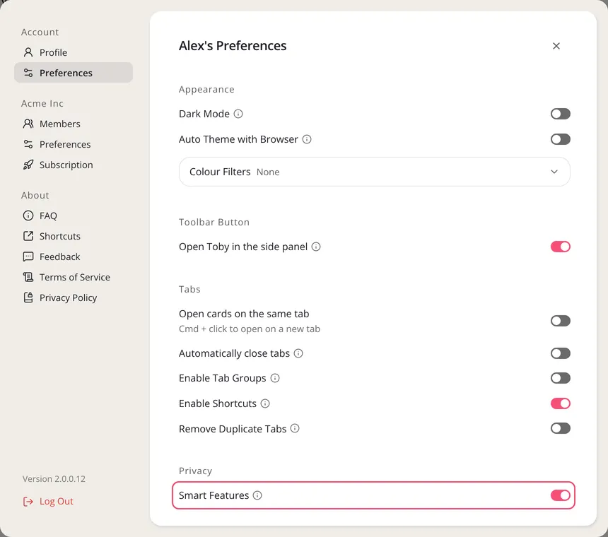 Settings, Preferences under Account, with Smart Features outlined under Privacy