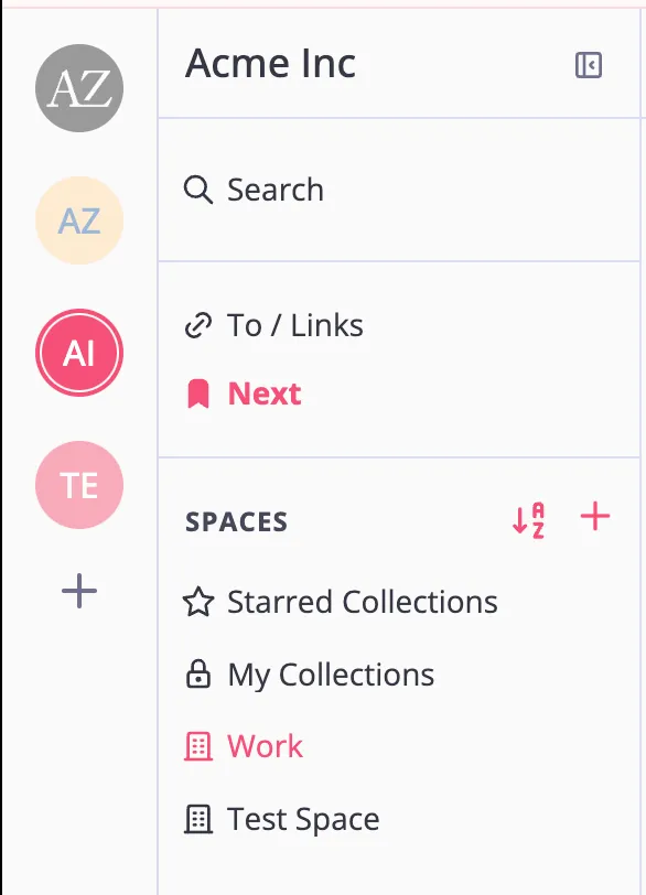 Toby’s sidebar listing Spaces, with the Work Space selected