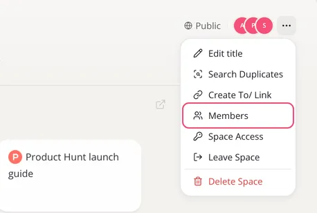 A Space’s menu with Members outlined, next to the member pictures in the Space’s header