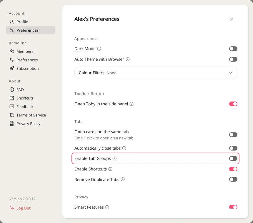 Settings, Preferences under Account, with Enable Tab Groups outlined under Tabs