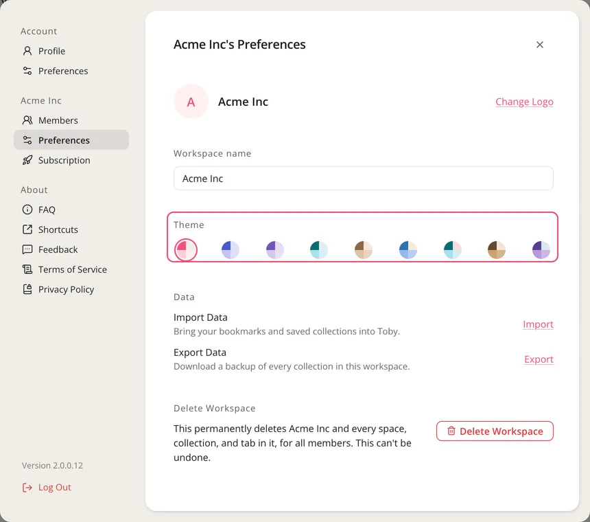 The workspace’s Preferences in Settings, with the Theme row of nine color swatches outlined