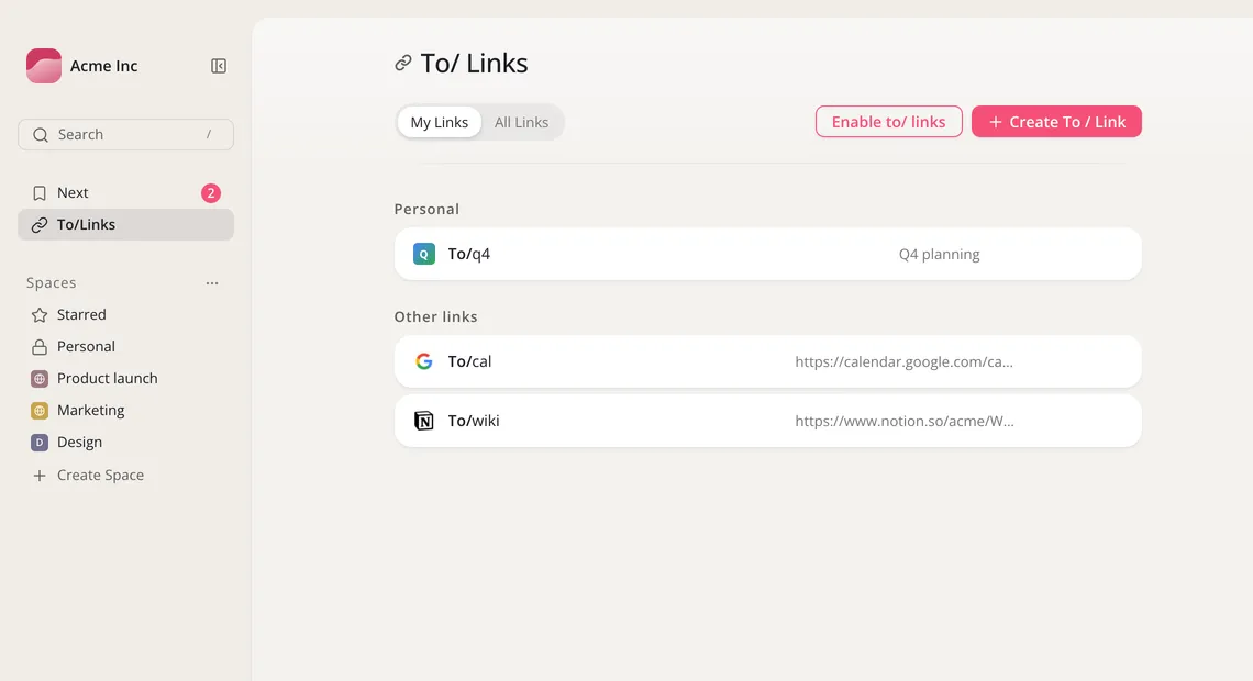 The To/ Links page, with the My Links and All Links tabs, Enable to/ links and Create To / Link