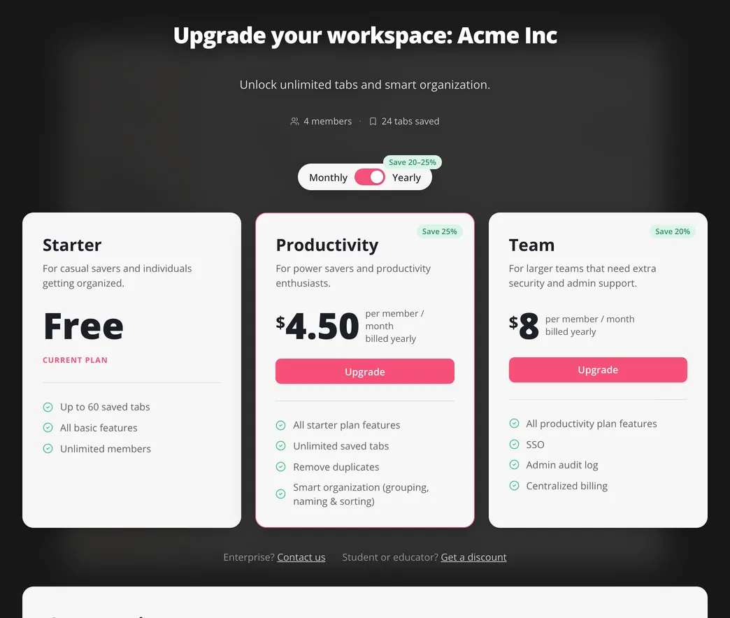 Upgrade your workspace, with the Monthly and Yearly switch and the Starter, Productivity and Team plans