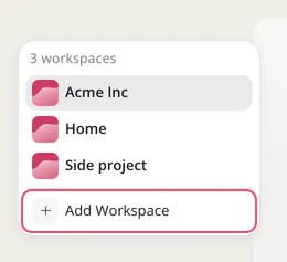 The workspace menu listing three workspaces, with Add Workspace outlined