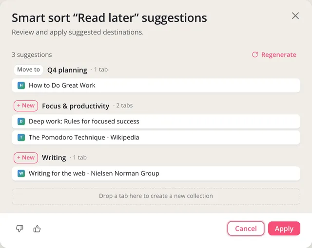 The Smart sort suggestions for Read later: one tab to move to Q4 planning and two new collections, with Regenerate, the thumbs and Apply