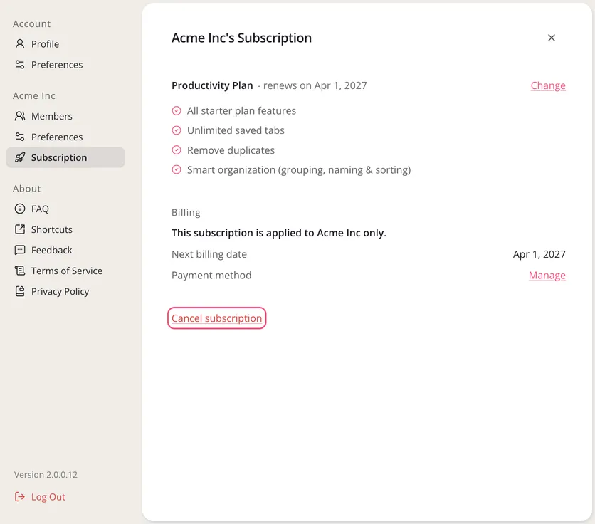 The Subscription page in Settings, with Cancel subscription at the bottom