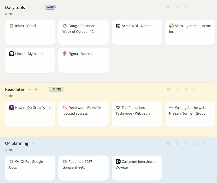 Collections tinted in their colors: Read later in yellow and Q4 planning in blue
