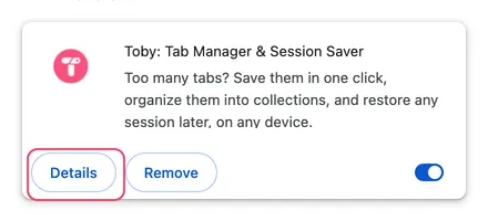 The Toby: Tab Manager and Session Saver card on the extensions page, with Details outlined
