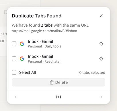 The Duplicate Tabs Found panel: two copies of the same page, each with a checkbox, Select All and Delete