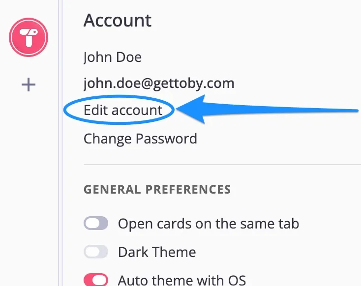 The settings menu with Edit account circled, under the name and email