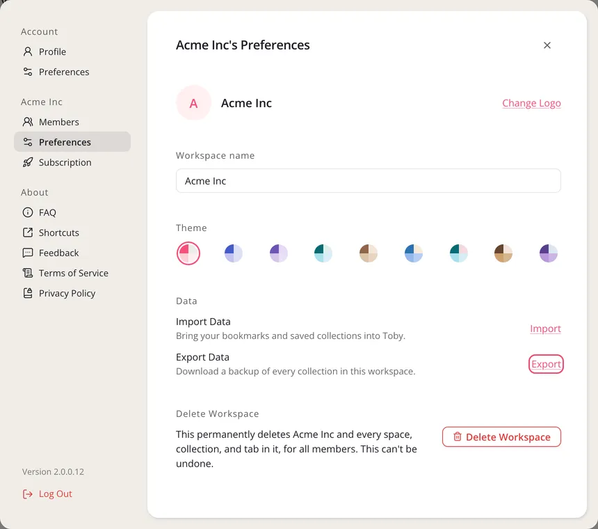 The workspace’s Preferences in Settings, with Export outlined next to Export Data