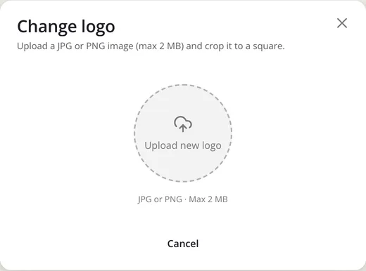 The Change logo dialog, with Upload new logo and the note JPG or PNG, max 2 MB