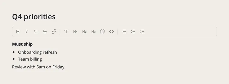 A note open in its own tab, with its title, the formatting toolbar and a bulleted list