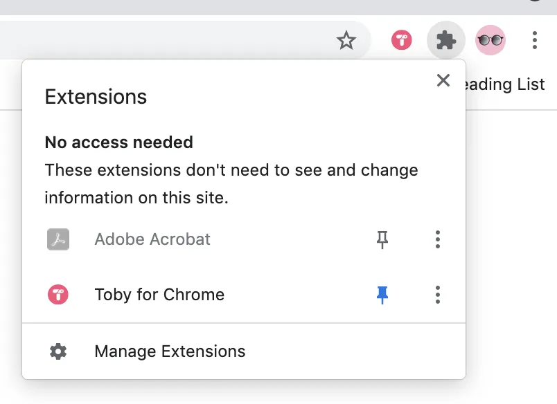 The Chrome Extensions menu with Toby pinned