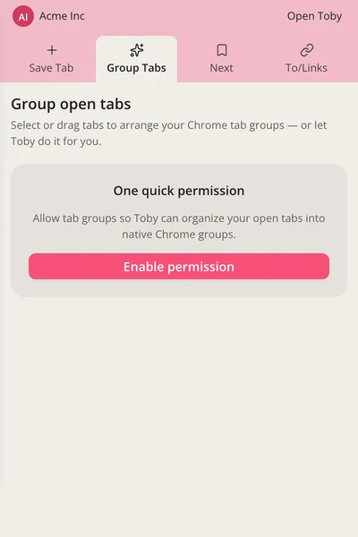 The extension menu in Group Tabs mode, asking for one quick permission, with Enable permission