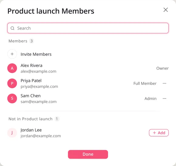 The Product launch Members dialog: the Space’s members with their roles, Invite Members, and Add next to a person under Not in Product launch