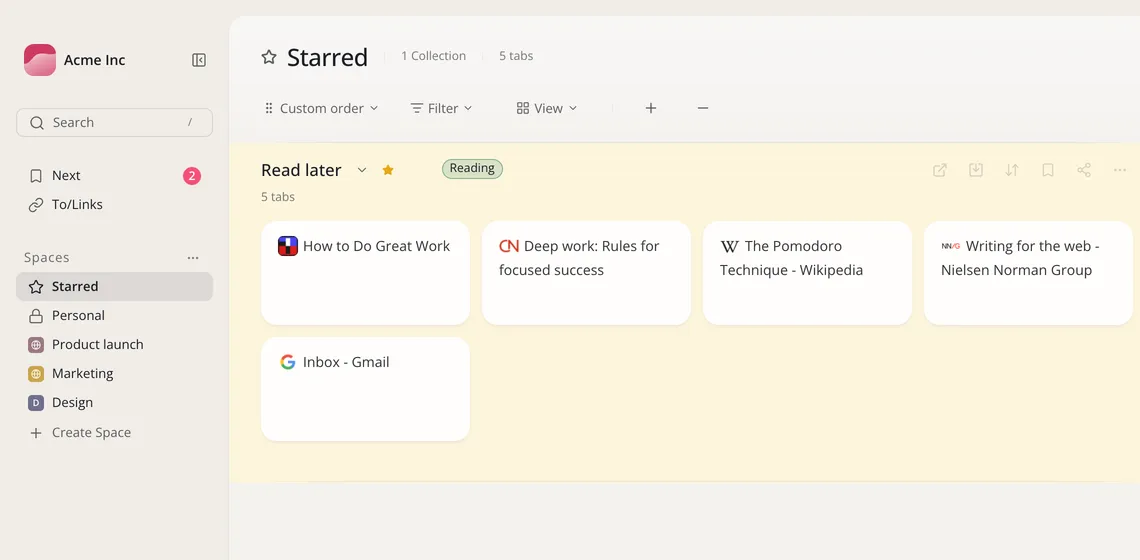 The Starred page, showing the starred Read later collection with its gold star