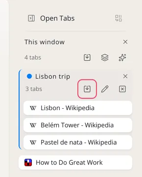 A tab group, Lisbon trip, in the Open Tabs panel, with its Save session button outlined