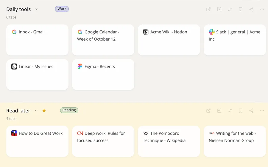 Collections with their tags, Work and Reading, next to their names