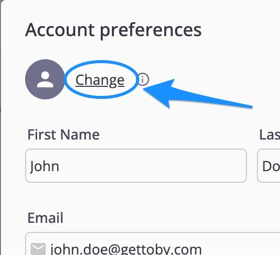 Account preferences with the Change link circled, next to the user icon